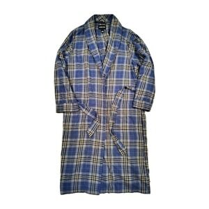 Lands' End Bathrobe Mens M Blue Plaid 100% Cotton Flannel Pockets Robe Lounge